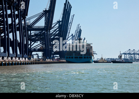 Maersk Karachi will abgehen vom Containerhafen Felixstowe, Suffolk, UK Stockfoto