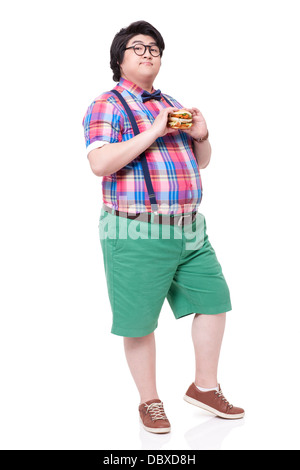Glücklich übergewichtiger Mann mit burger Stockfoto