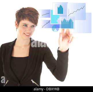 Junge Frau mit blauen virtuelle Graph isoliert auf weißem Hintergrund Stockfoto