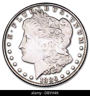 US-Morgan Dollar (1886) Silber-Münze - Details-Ausschnitt mit Schlagschatten Stockfoto