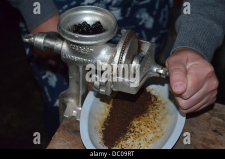 Frisch geröstete Kaffeebohnen gemahlen wird in den Kaffee-Anbauregionen von Santa Teresa, Cuzco, Peru Stockfoto
