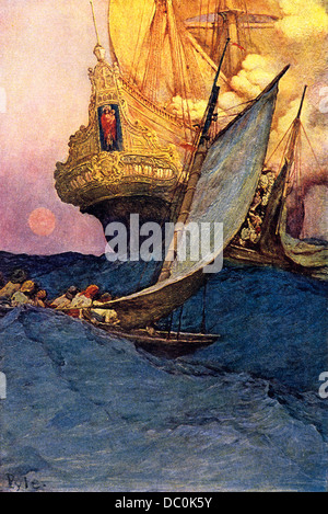 PIRATENSCHIFFE NÄHERT SICH UND ANGRIFF AUF SPANISCHE GALEONE IN WESTINDIEN VON HOWARD PYLE Stockfoto