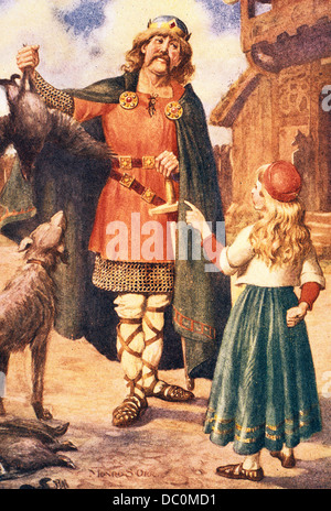 MITTELALTERLICHE WIKINGER VATER RÜCKKEHR VON DER JAGD WIRD VON SEINER TOCHTER, GEZEICHNET VON ILLUSTRATOR MONRO S ORR BEGRÜßT. Stockfoto