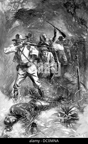 1890ER JAHREN JUNI 1890 DSCHUNGEL SCHLACHT VON LAS GUASIMAS IN DER NÄHE VON SANTIAGO KUBA SPANISCH-AMERIKANISCHER KRIEG STAND VON ROUGH RIDERS Stockfoto