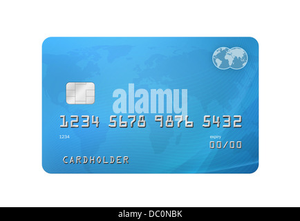 Generische Kredit-/Debitkarte mit Weltkarte auf den Hintergrund und die Firmenfarben von grau und blau. Isoliert auf einem weißen Zeitmessung Stockfoto