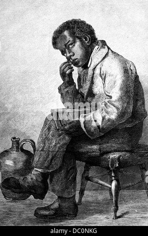 1800S 1870S AFROAMERIKANISCHEN JUNGEN HERAUSZUFINDEN AUF EINE SCHULE SCHIEFER HARPERS WÖCHENTLICH ILLUSTRATION Stockfoto