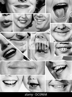 1950S 1960S COLLAGE-MONTAGE VON LÄCHELNDEN MUND LACHEN, MÄNNER FRAUEN BABYS Stockfoto