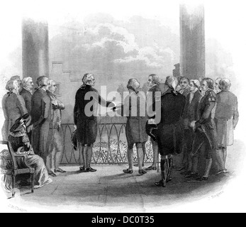 1700S 1789 EINWEIHUNG DES GEORGE WASHINGTON ALS ERSTER PRÄSIDENT DER VEREINIGTEN STAATEN VON AMERIKA IN DER FEDERAL HALL IN NEW YORK CITY Stockfoto