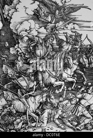 1400 S BERÜHMTEN ALBRECHT DÜRER HOLZSCHNITT VIER REITER DER APOKALYPSE CA. 1498 TOD HUNGER KRIEG PEST OFFENBARUNGEN 6 1 Stockfoto