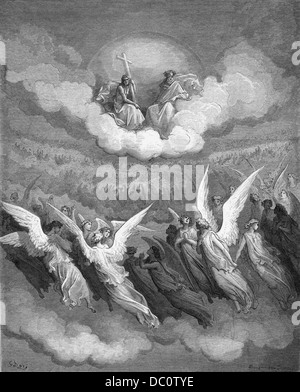 GUSTAVE DORE ILLUSTRATION HIMMLISCHEN HEERSCHAREN FÜR MILTONS PARADIES VERLOREN, GOTT JESUS UND ENGELN IN WOLKEN 1866 ZEICHNUNG Stockfoto