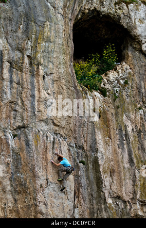 Ein Kletterer, Klettern an der Great Orme Klippen in der Nähe von Llandudno, Snowdonia, North Wales, UK Stockfoto