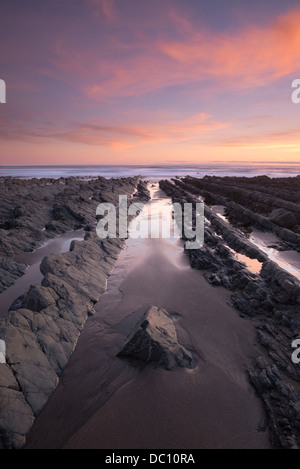 Schroffe Felsen zum Meer an Welcombe Mündung, North Devon, UK. Stockfoto