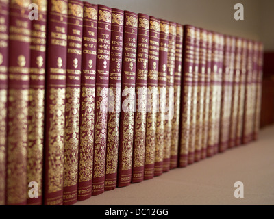 Eine Reihe von Büchern gebunden identisch in rotem Leder mit Blattgold. Eine Sammlung von Büchern in einer persönlichen Bibliothek. Stockfoto