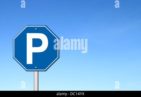 Sechseck Parkplatz Schild mit blauem Himmel leer für text Stockfoto