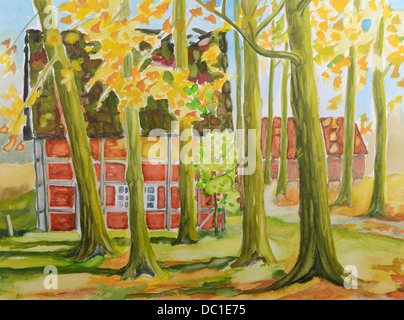 Bunter Herbst Scheune - original Malerei-Aquarell auf Papier Stockfoto