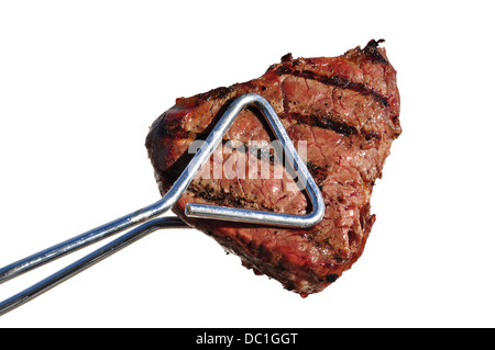 Zange mit gegrilltem Rindfleisch Lende Top Sirloin-Steak, Isolated on White Stockfoto