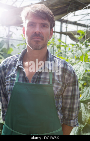 Porträt von Bio-Bauer im Gewächshaus Stockfoto