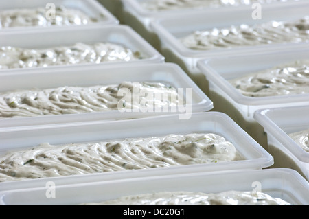 Kunststoff-Behälter voll mit Tzatziki (griechischer Salat) auf einem Großmarkt Stockfoto