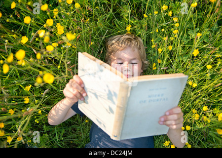 Junge liegend auf dem Rasen Buch Stockfoto