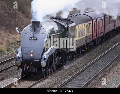 Vintage Dampf verfolgt Beschleunigung entlang Eisenbahn Lokomotive in England Stockfoto