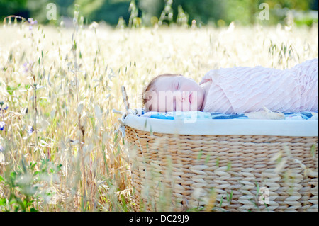 Neugeborenes Babymädchen schlafen in Körbchen im Feld Stockfoto