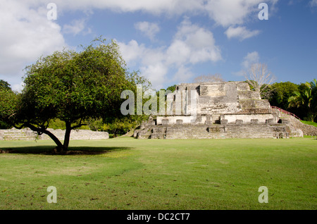 Belize, Altun Ha. Ruinen der Maya-Kultstätte. Platz B, Tempel der Freimaurerei Altäre (aka Tempel des Sonnengottes). Stockfoto