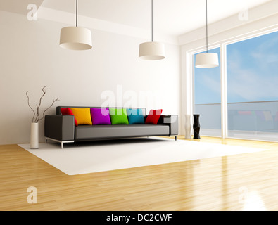 Schwarzes Sofa mit bunten Kissen in einer minimalistischen lounge - der Himmel auf den Boden zurück ist ein mein Foto Stockfoto