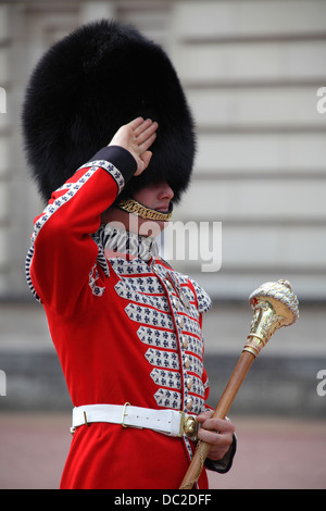 Soldat in traditioneller Uniform während des Wechsels der Wachablösung am Buckingham Palace, London, UK Stockfoto