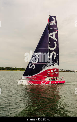 Volvo Ocean Race ist eine Segelregatta rund um die Welt. In der nächsten Runde ist 2014-2015, SCA mit einem Boot und eine rein weibliche Besatzung beteiligt. Stockfoto