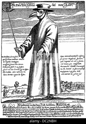 Plague Doctor, Doctor Schnabel von Rom, 1656, Arzt mit einem Schnabel-Maske mit Kräutern und trägt einen Stock für die Kranken fernzuhalten Stockfoto