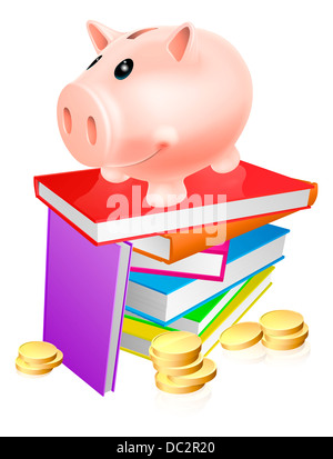 Sparschwein auf einem Stapel von Büchern umgeben von Münzen. Konzept für Bildung Einsparungen oder andere Alphabetisierung im Zusammenhang mit Budget-Thema Stockfoto