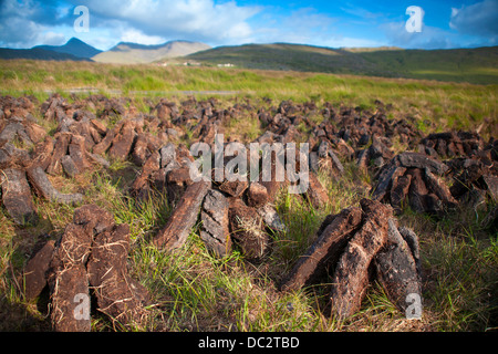 Torfmoor in West Irland, Rasen geschnitten und liegen in der Sonne trocknen. Stockfoto