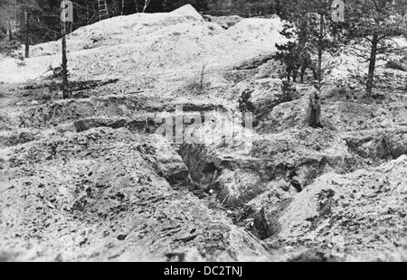 Die Entdeckung der Massengräber von Katyn (Russland) durch die deutsche Wehrmacht im Februar 1943 - die Nazi-Propaganda! auf der Rückseite des Bildes ist vom 16. April 1943: "den Massenmord an polnischen Offizieren, die von der GPU begangen. Die Erkennung der blutigen Tat im Wald von Katyn, die wieder Bolschewismus als eine organisierte Massenmord, England und den USA als Komplizen der sowjetischen Verbrecher entlarvt provoziert Tiefe Empörung und größte Schrecken in die ganze Kulturwelt. Alle unter den Mitgliedern der zwei polnische Delegationen, die die Gelegenheit hatten, die Lage der unvorstellbaren Bolshev sehen Stockfoto