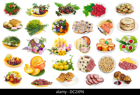 Einfaches Essen, Obst, Gemüse und Blumen auf Glasplatten gesetzt Collage isoliert Stockfoto