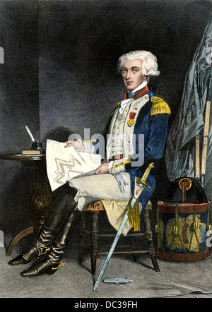 Marquis De Lafayette in Uniform während der Amerikanischen Revolution. Handcolorierte Stahlstich Stockfoto