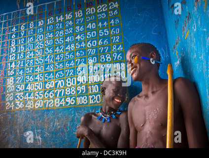 Mursi Stamm Boys In einer Schule, Mago Park, Omo-Tal, Äthiopien Stockfoto