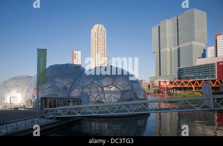 Schwebende Pavillon nachhaltige Architektur Rotterdam Niederlande - der neue De Rotterdam Gebäude im Hintergrund Stockfoto