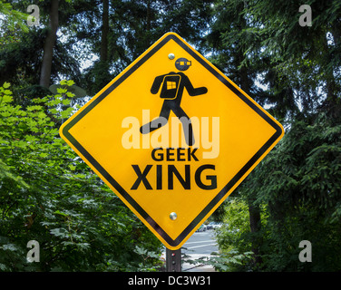 Geek-Xing-Zeichen auf dem Microsoft Head Office Campus in Redmond, Washington, USA Stockfoto