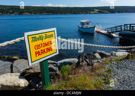 Ein Blick auf das Zeichen, das Dock und das Boot für Molly Bawn Wal & Puffin Touren, Neufundland. Stockfoto
