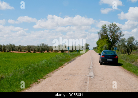 Hielt Wagen in einer Nebenstraße, Notleuchten auf. Provinz Toledo, Castilla La Mancha, Spanien. Stockfoto