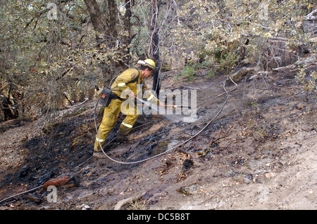 Ein Feuerwehrmann verwendet Handwerkzeug und Schlauch, Flammen am macht Feuer auszulöschen 8. August 2013 in Beardsley, Kalifornien. Das macht Feuer in der Stanislaus National Forest in der Nähe von Beardsley Reservoir hat 881 ha verbraucht und 32 % enthalten ist. Stockfoto