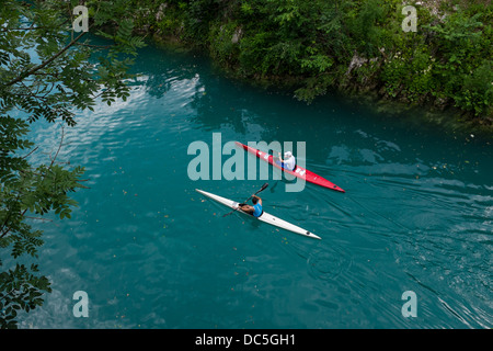 Kajakfahren in Most Na Soci, Soča, Slowenien Stockfoto