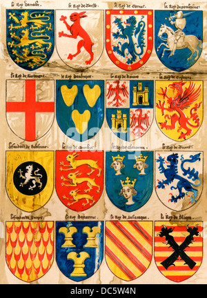 Schilde mit Waffen von meist mythischen Herrscher, der von einem englischen Maler, 1400. Farblithographie Reproduktion Stockfoto