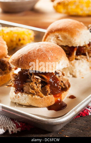 Geräuchert Grill zog Schweinefleisch Schieberegler mit Sauce Stockfoto