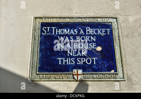 Blaue Plakette markiert der Geburtsort von Erzbischof CanterburyThomas Becket, Cheapside, City of London, London, UK. Stockfoto