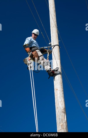 Energieversorger Linemen Klettern Polen um Reparaturen während der jährlichen Michigan Lineman Rodeo zu machen Stockfoto