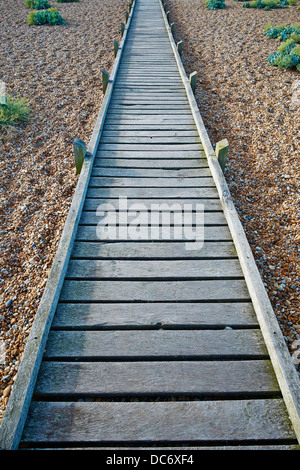 Holzsteg führt zu der Strandpromenade Dungeness Kent UK Stockfoto