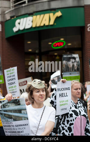 London, UK, 10. August 2013. Mitgefühl in World Farming Unterstützer Protest in Covent Garden im Zentrum von London behauptet live Ausfuhren aus dem Vereinigten Königreich ist grausam. Zehntausende Tiere ertragen angeblich lange Fahrten auf der Straße und Se in ganz Europa jedes Jahr in überbelegten Credit: Lee Thomas/Alamy Live News Stockfoto