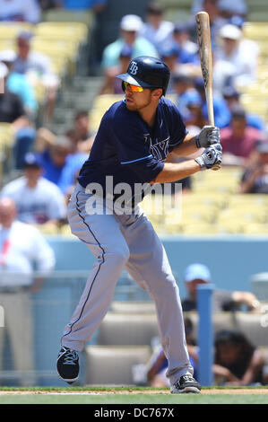 Los Angeles, Kalifornien, USA. 10. August 2013. 10. August 2013 Los Angeles, Kalifornien: Tampa Bay Rays zweiter Basisspieler Ben Zobrist (18) bis zur Fledermaus in der Major League Baseball Spiel zwischen den Tampa Bay Rays und die Los Angeles Dodgers im Dodger Stadium am 10. August 2013 in Los Angeles, Kalifornien. Rob Carmell/CSM/Alamy Live-Nachrichten Stockfoto