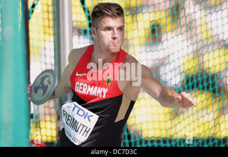 Moskau, Russland. 11. August 2013. Rico Freimuth Deutschland konkurriert in der Zehnkampf-Diskuswurf bei den 14. Weltmeisterschaften in der Leichtathletik im Luzhniki-Stadion in Moskau, Russland, 11. August 2013. Foto: Michael Kappeler/Dpa/Alamy Live News Stockfoto